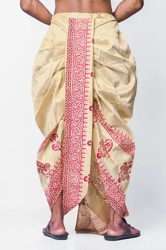 Tussar hand block print dupion silk dhoti for men (free size)