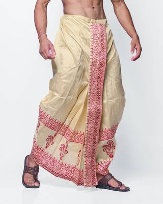 Tussar hand block print dupion silk dhoti for men (free size) 4