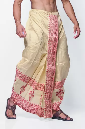 Tussar hand block print dupion silk dhoti for men (free size)