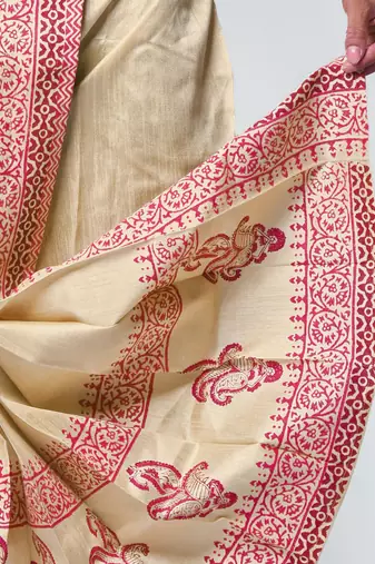 Tussar hand block print dupion silk dhoti for men (free size)