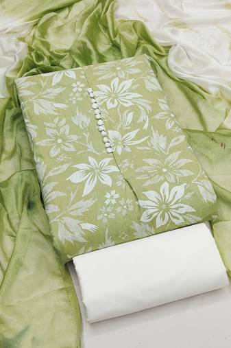Women's light green unstitched print cotton dress material (gngr50120lgn)