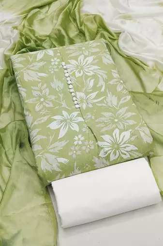 Women's light green unstitched print cotton dress material (gngr50120lgn)