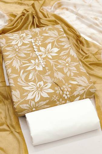 Women's beige unstitched print cotton dress material (gngr50120bge)