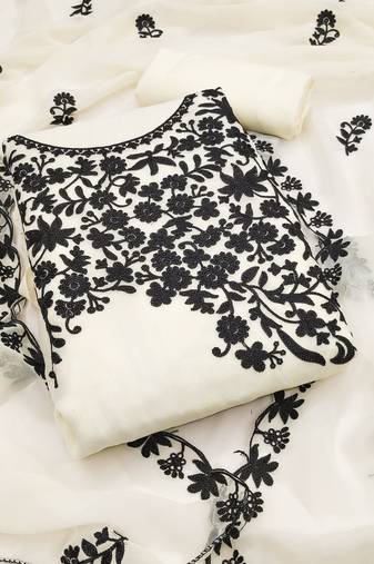 Women's white unstitched heavy thread embroidery georgette dress material (gngr50118wht)