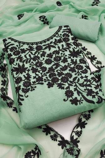 Women's sea green unstitched heavy thread embroidery georgette dress material (gngr50118sgn)