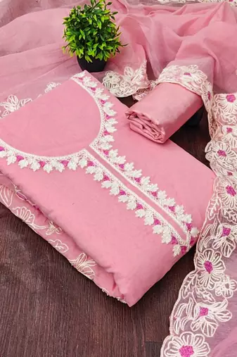 Women's baby pink unstitched heavy thread embroidery & fancy border chanderi silk dress material (gngr50124bpk)