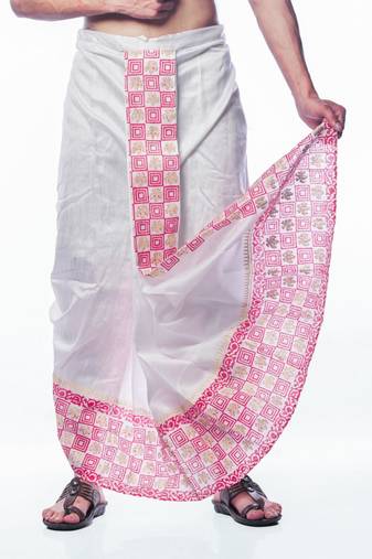White hand block print dupion silk dhoti for men (free size)
