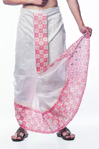 White hand block print dupion silk dhoti for men (free size)