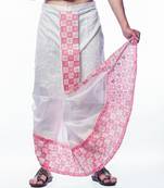 White hand block print dupion silk dhoti for men (free size)