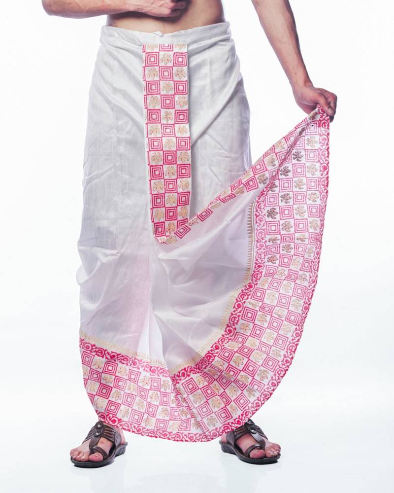 White hand block print dupion silk dhoti for men (free size)