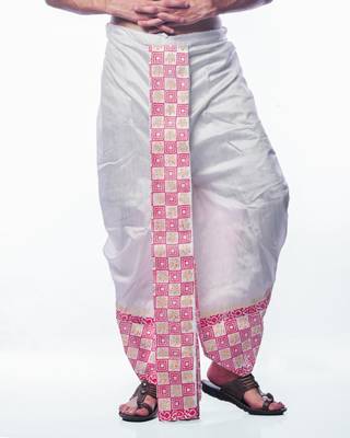 White hand block print dupion silk dhoti for men (free size) 3