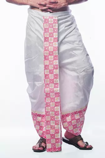 White hand block print dupion silk dhoti for men (free size)