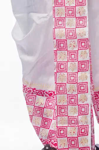 White hand block print dupion silk dhoti for men (free size)