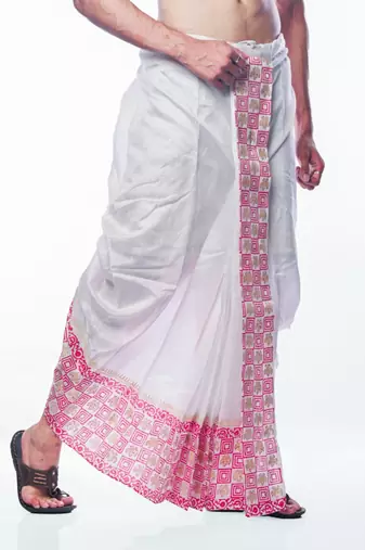 White hand block print dupion silk dhoti for men (free size)