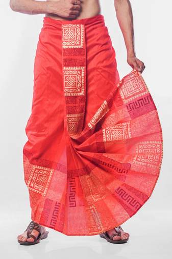 Red hand block print dupion silk dhoti for men (free size)