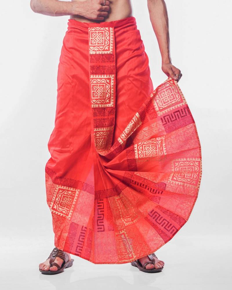 Red hand block print dupion silk dhoti for men (free size)