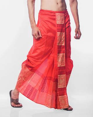 Red hand block print dupion silk dhoti for men (free size) 3