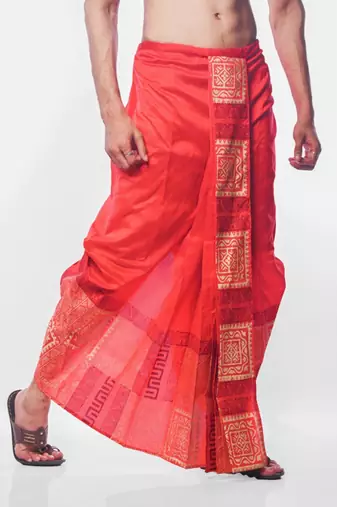Red hand block print dupion silk dhoti for men (free size)