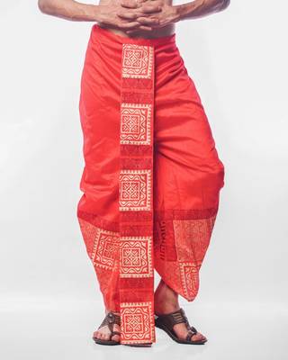 Red hand block print dupion silk dhoti for men (free size) 4