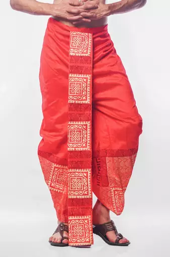 Red hand block print dupion silk dhoti for men (free size)