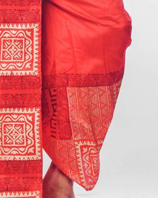 Red hand block print dupion silk dhoti for men (free size) 5