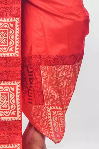 Red hand block print dupion silk dhoti for men (free size)