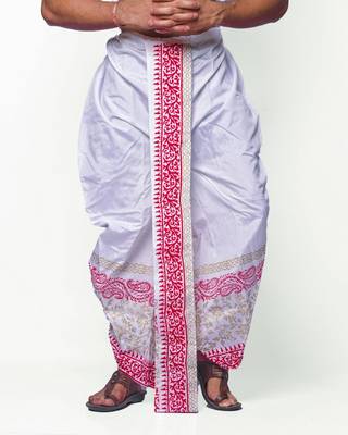 White hand block print dupion silk dhoti for men (free size) 1