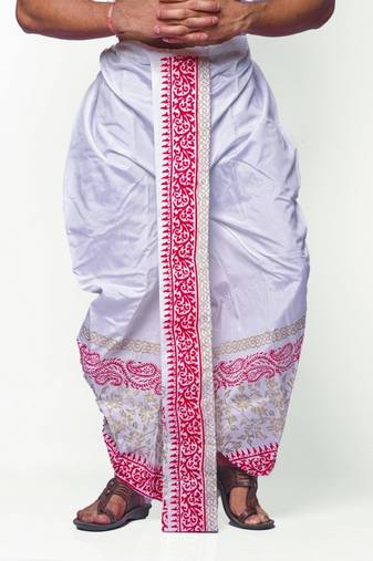 White hand block print dupion silk dhoti for men (free size)