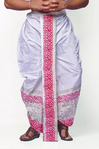 White hand block print dupion silk dhoti for men (free size)