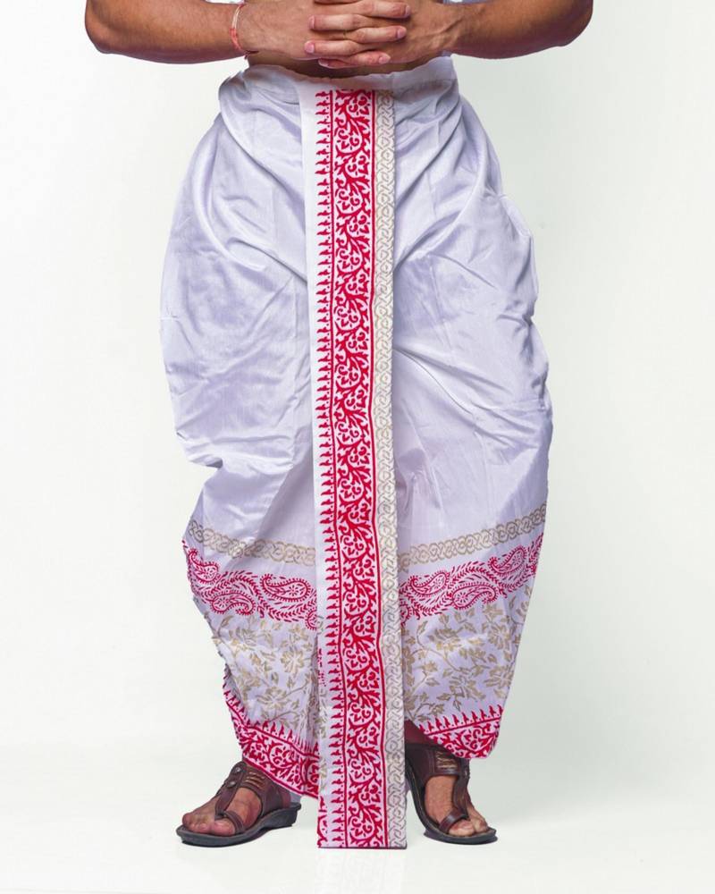 White hand block print dupion silk dhoti for men (free size)