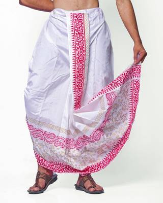 White hand block print dupion silk dhoti for men (free size) 4