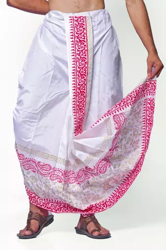 White hand block print dupion silk dhoti for men (free size)