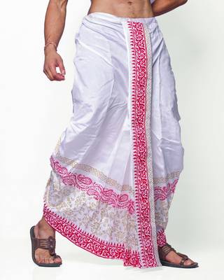 White hand block print dupion silk dhoti for men (free size) 5