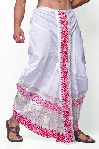 White hand block print dupion silk dhoti for men (free size)