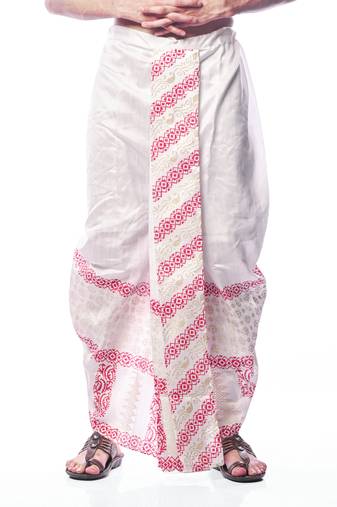 White hand block print dupion silk dhoti for men (free size)