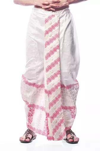 White hand block print dupion silk dhoti for men (free size)
