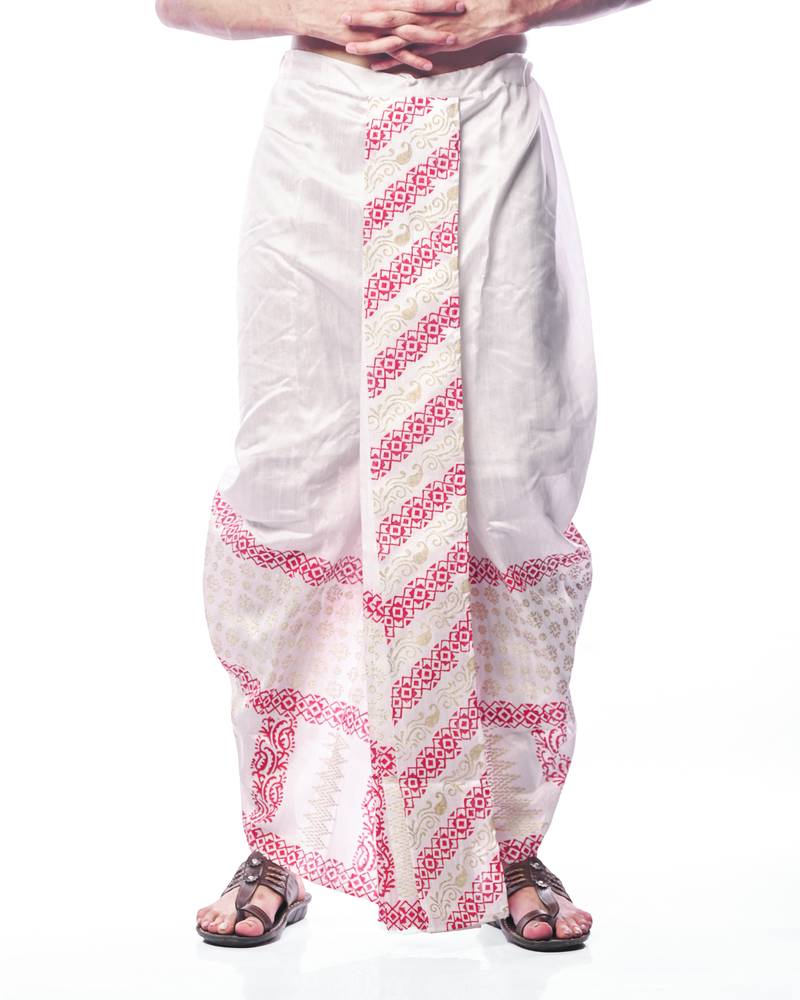 White hand block print dupion silk dhoti for men (free size)
