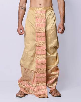 Beige hand block print dupion silk dhoti for men (free size) 1