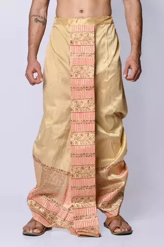 Beige hand block print dupion silk dhoti for men (free size)