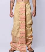 Beige hand block print dupion silk dhoti for men (free size)