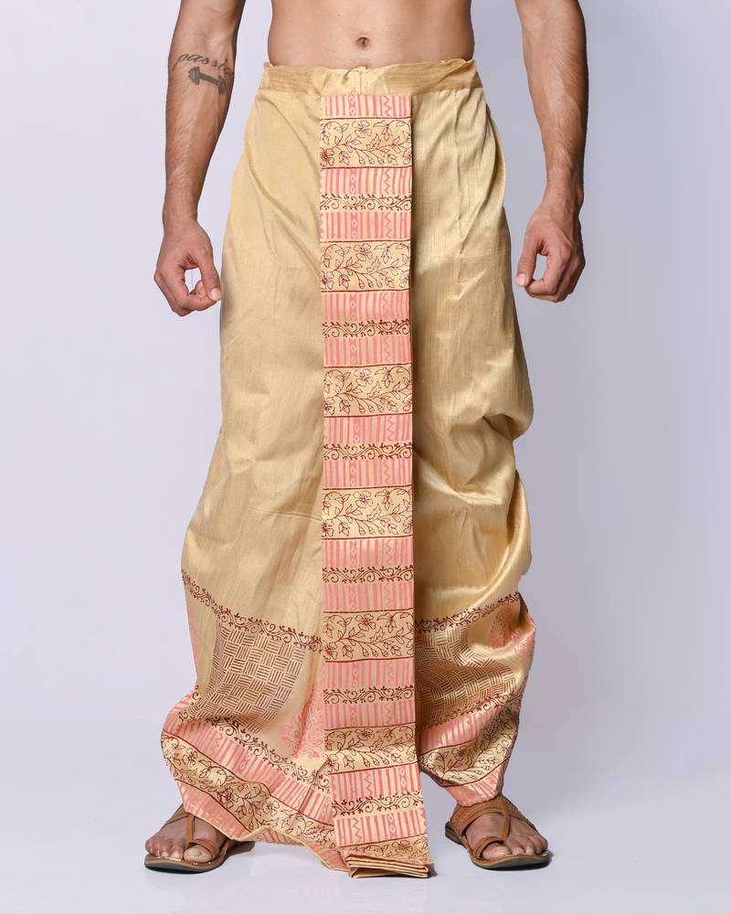 Beige hand block print dupion silk dhoti for men (free size)