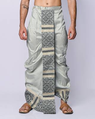 Grey hand block print dupion silk dhoti for men (free size) 1