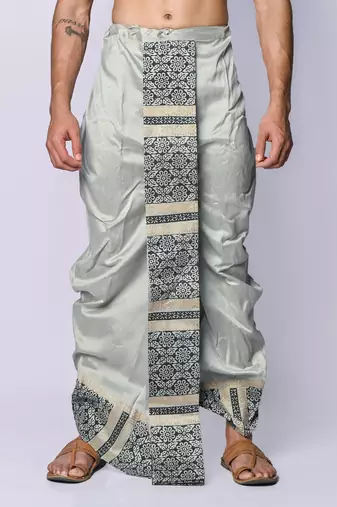 Grey hand block print dupion silk dhoti for men (free size)