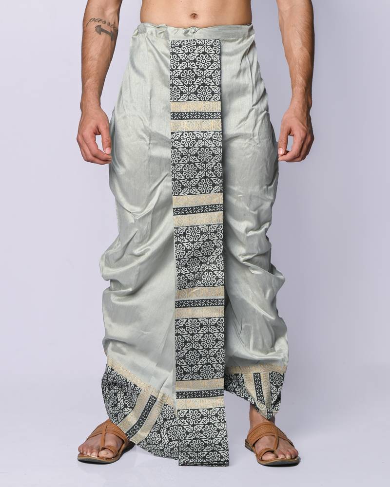 Grey hand block print dupion silk dhoti for men (free size)