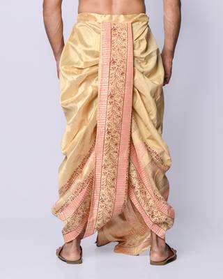 Beige hand block print dupion silk dhoti for men (free size) 2