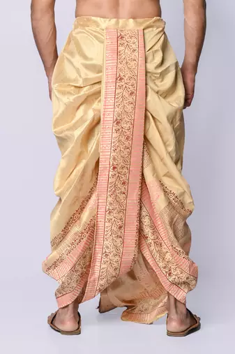 Beige hand block print dupion silk dhoti for men (free size)