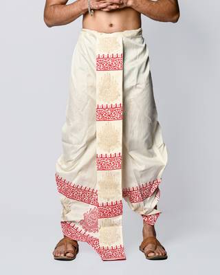 Cream hand block print dupion silk dhoti for men (free size) 1