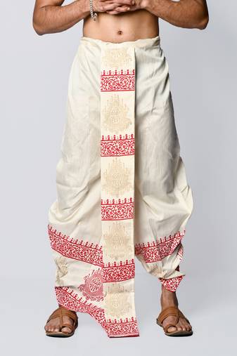 Cream hand block print dupion silk dhoti for men (free size)