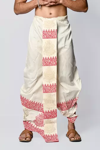 Cream hand block print dupion silk dhoti for men (free size)