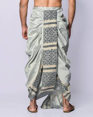 Grey hand block print dupion silk dhoti for men (free size) 2